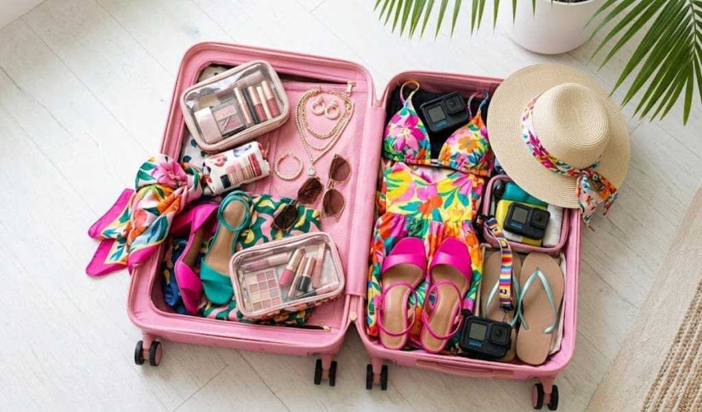 A vibrant overhead photograph of an open pink hardshell suitcase packed with colorful tropical vacation essentials for a woman in her 30s. The suitcase is filled with bright, patterned sundresses and swimwear, stylish high heels, flip-flops, jewelry, a makeup bag, and a GoPro, representing an honest, fun, and unfiltered approach to packing for a tropical getaway.